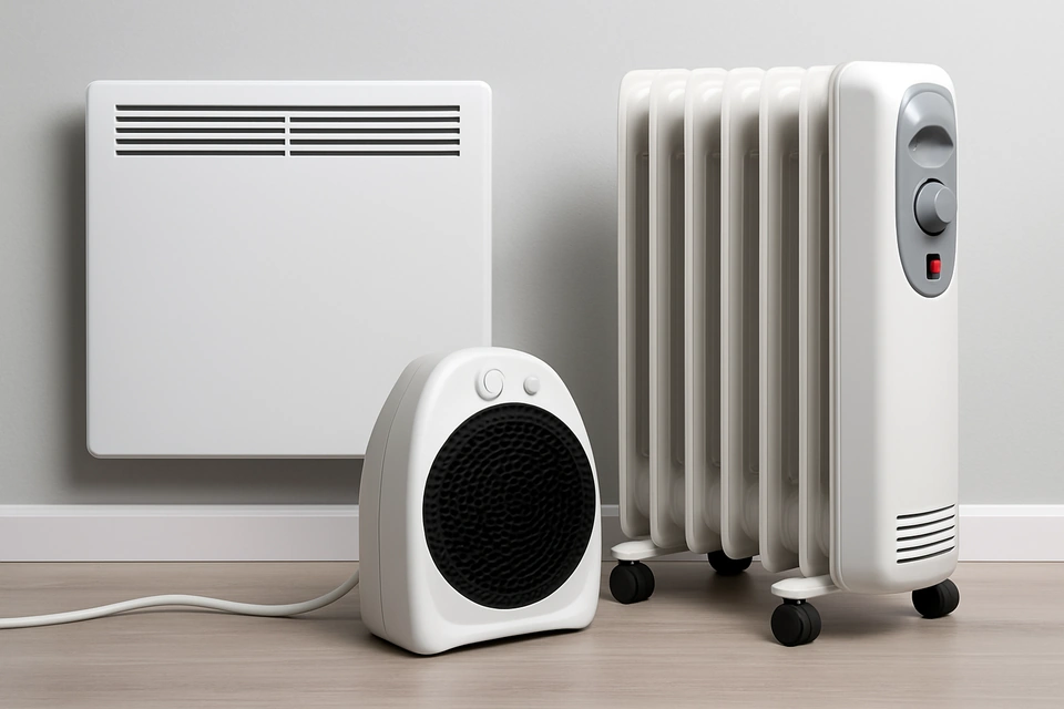 Зображення трьох типів побутових обігрівачів у сучасному інтер’єрі: зліва — настінний конвектор із горизонтальними вентиляційними решітками, по центру — компактний керамічний тепловентилятор із чорною сіткою, праворуч — білий масляний радіатор на коліщатках з регулятором температури. Усі прилади розташовані на світлій дерев’яній підлозі біля сірої стіни.