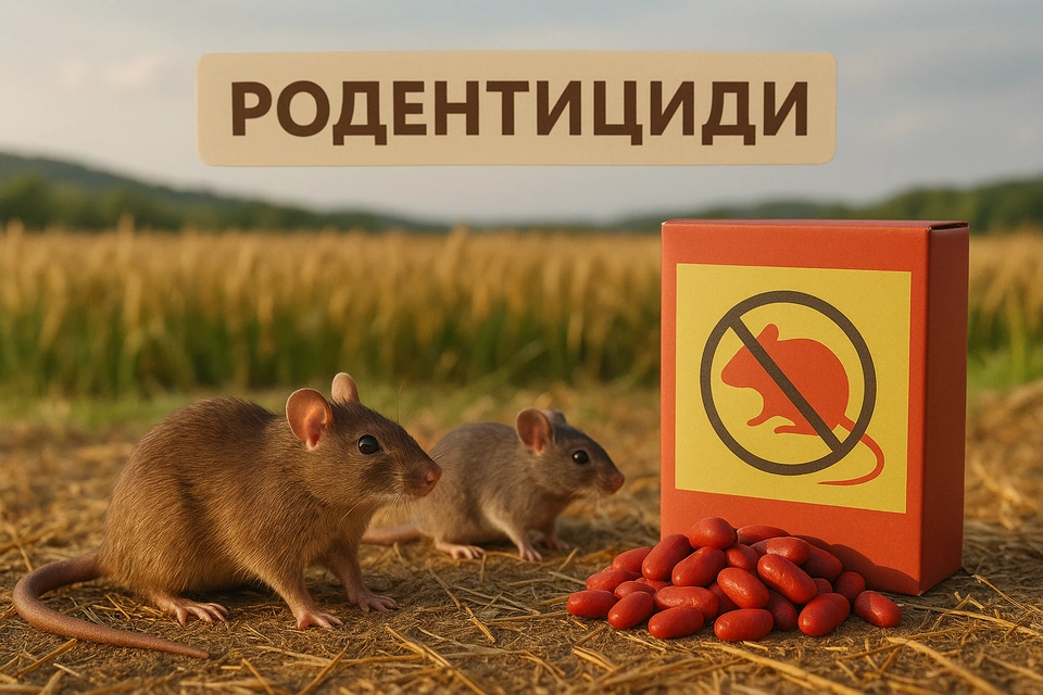 Два гризуни — пацюк і миша — сидять на полі серед стерні, поруч червона коробка з родентицидом і розсипані отруйні приманки, на фоні — стигле пшеничне поле та пагорби. Надпис 'Родентициди' українською мовою.