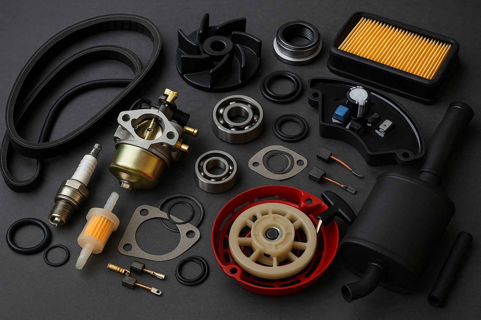 Комплект запчастин для мотоблоків, мотопомп і генераторів на темній поверхні: приводні ремені, свічка, карбюратор, крильчатка, підшипники, AVR-модуль, стартер і фільтри.
