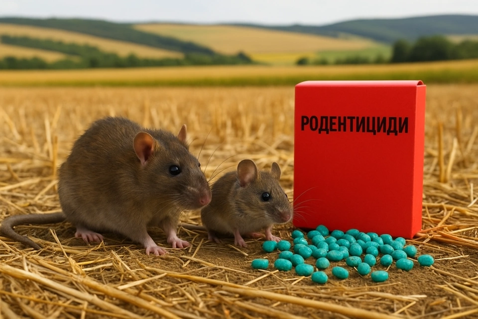 Пацюк і миша на фоні зібраного пшеничного поля, поруч червона коробка з написом 'Родентициди' та розсипані бірюзові приманки, на горизонті – пагорби та зелені дерева.