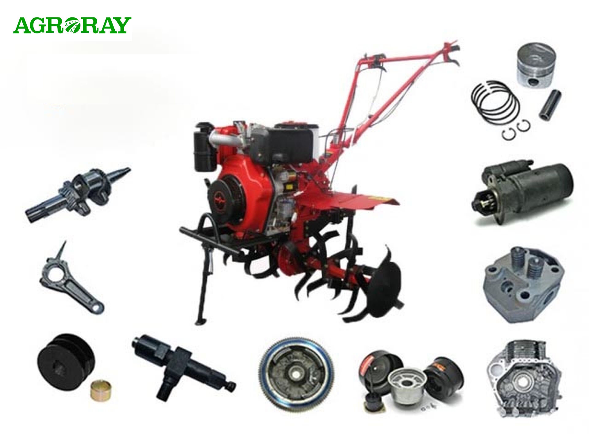 Мотоблок на фоні обробленої ділянки землі, поряд комплект запчастин — фільтри, ремені, прокладки, інструменти для обслуговування.