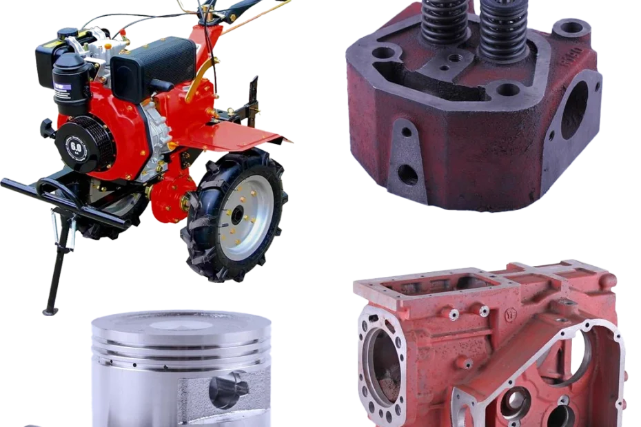 Запчастини для мотоблоків, мотопомп та генераторів – свічки, ремені, карбюратори, стартери на столі майстерні.