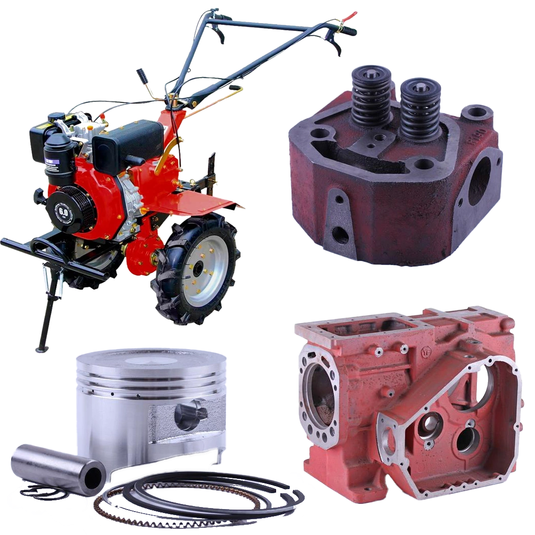 Запчастини для мотоблоків, мотопомп та генераторів – свічки, ремені, карбюратори, стартери на столі майстерні.
